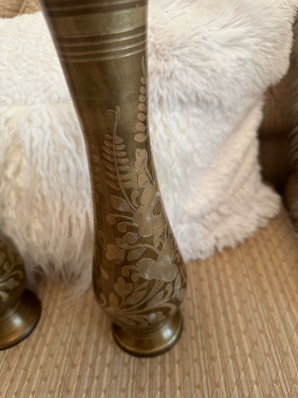 Brass Etched Floral Vase - Gold Tone